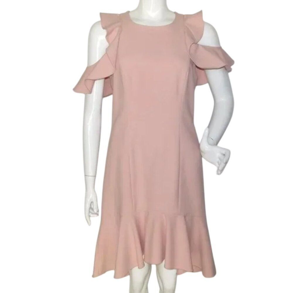 CINQ A SEPT Dress, 10, Blush Pink, Cold Shoulder Ruffle,  Micah, Curved Hem